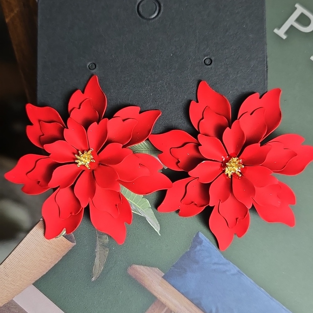 Red Floral Earrings Metal Flower Earrings - Picture 6 of 11